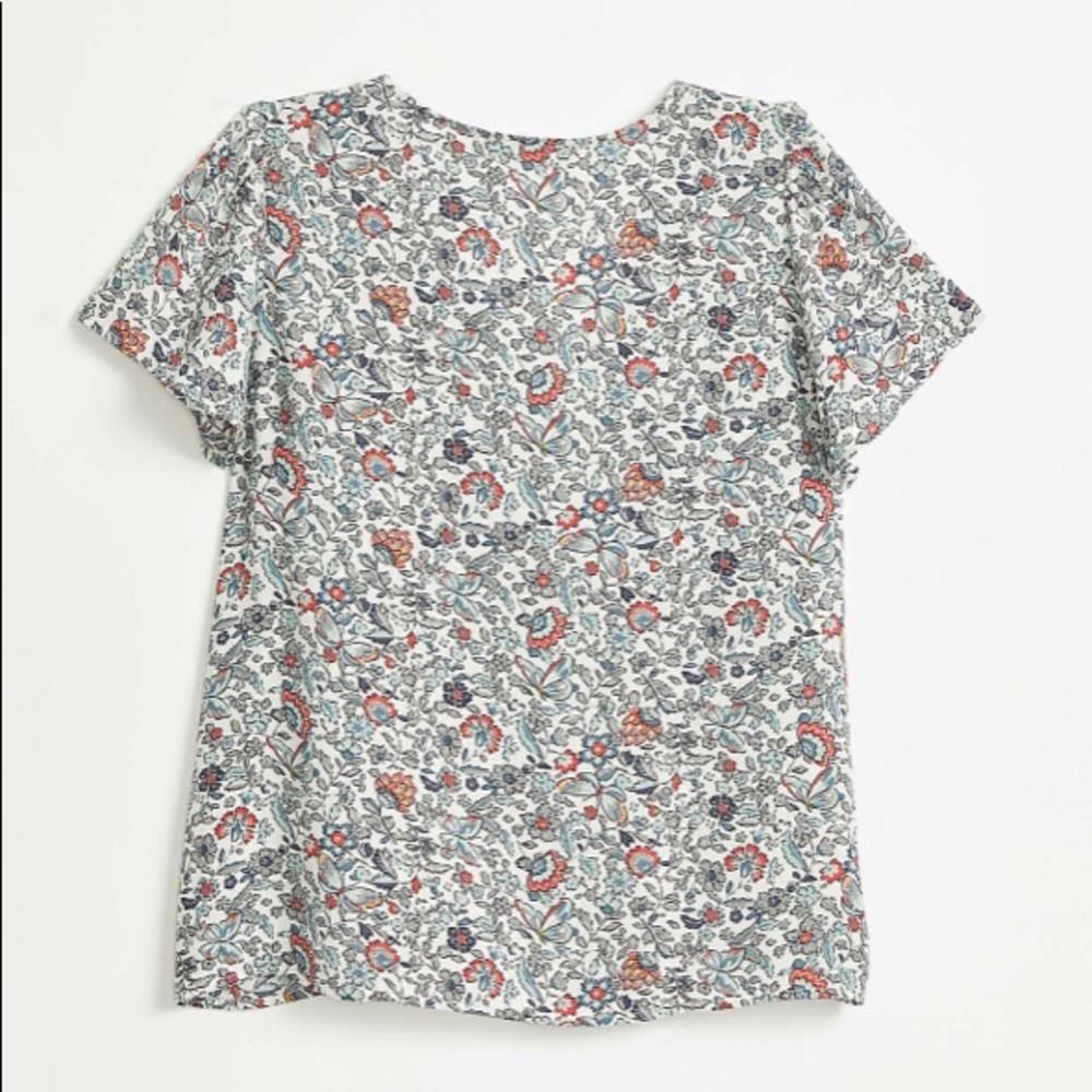 LOFT White Floral V-Neck Flutter Sleeve Blouse with Blue and Coral Accents - Picture 5 of 5